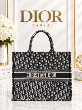 Authentic Dior Large Book Tote Navy Oblique Embroidery Bag